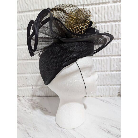 Chapeau Creations Women's Black Mesh Gold Embellished Hat in Box - Picture 3 of 9